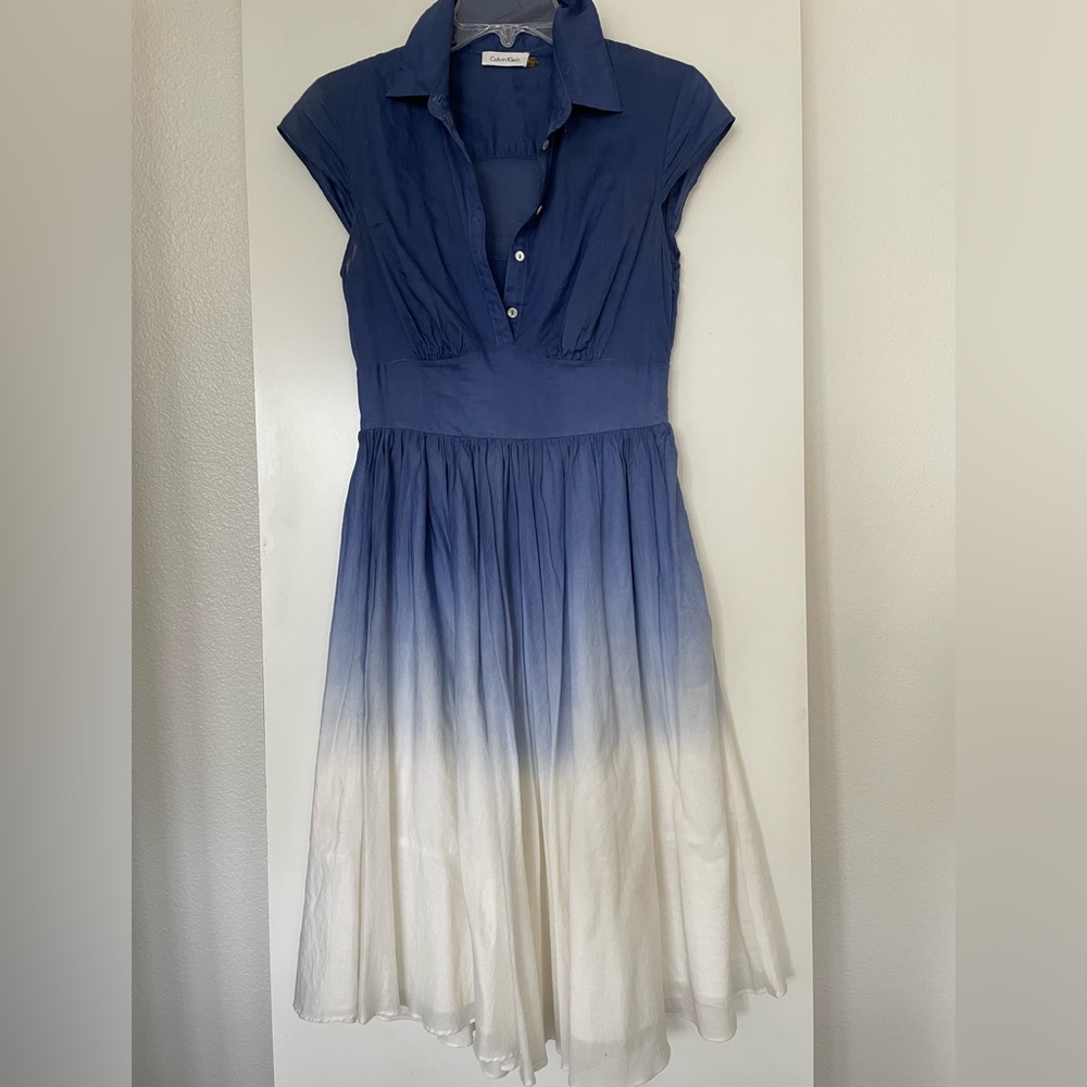 VTG: Calvin Klein Cotton Button Up Fit & Flare Shirt Dress Blue/White NWT